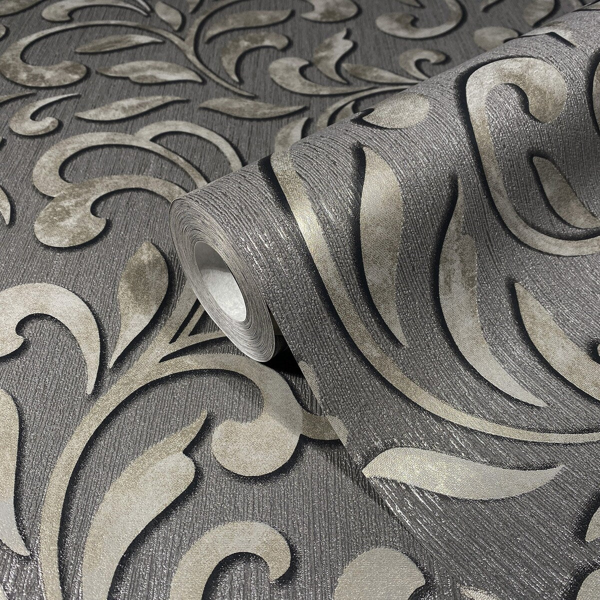 Galerie Wallcoverings Leafy Scroll Damask Vinyl on Non-woven Metallic Wallpaper Roll