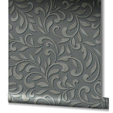 Galerie Wallcoverings Leafy Scroll Damask Vinyl on Non-woven Metallic Wallpaper Roll