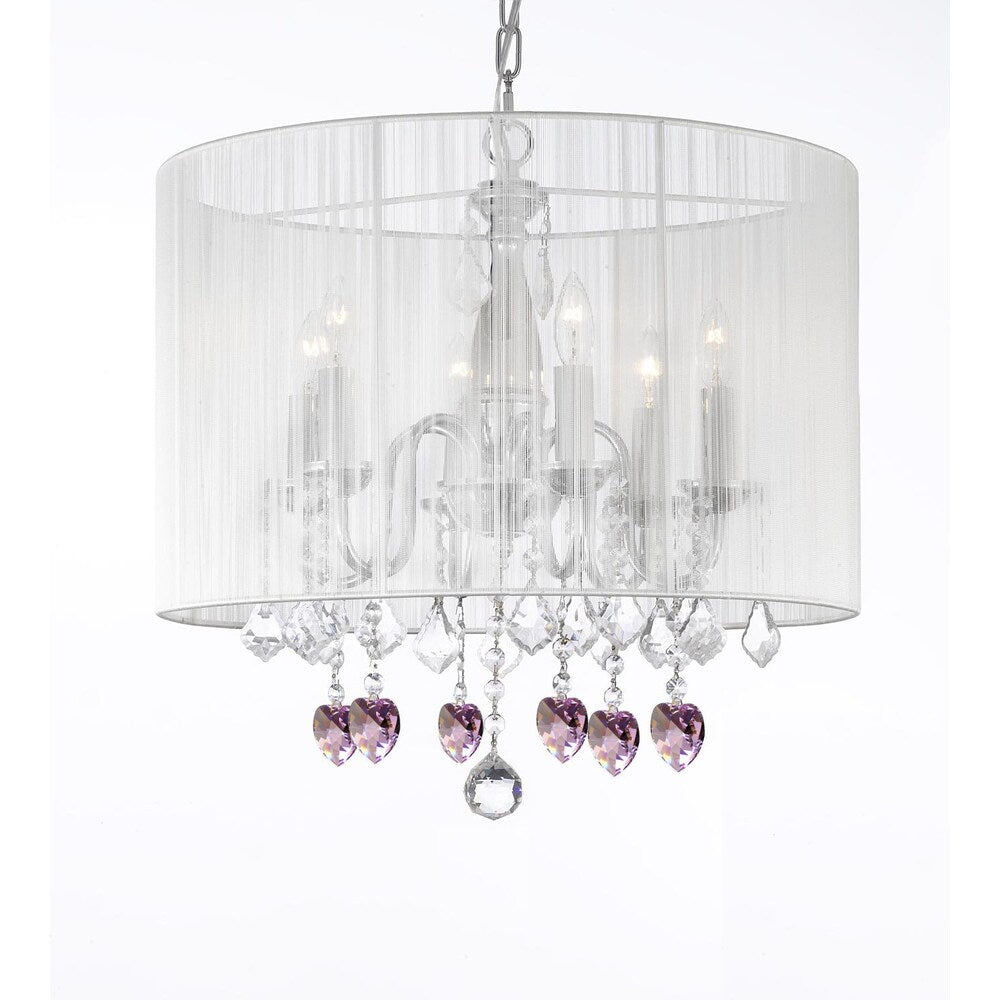 Gallery Chandelier 6 Lights with Crystals Large White Shade and Pink Crystal Hearts