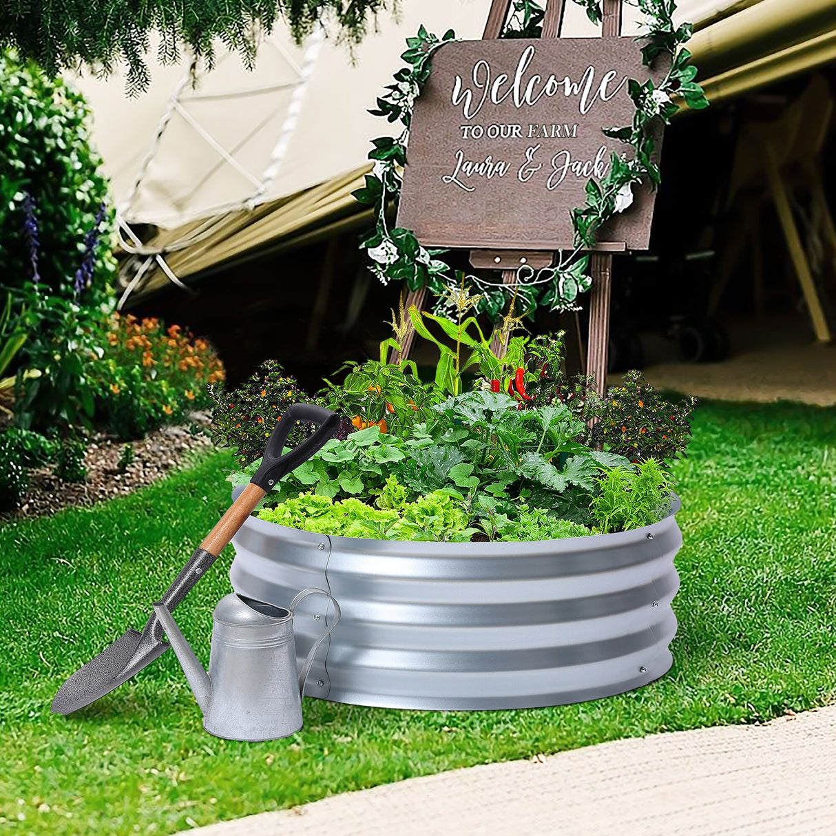 Round Galvanized Steel Raised Garden Bed Planter, Open Bottom