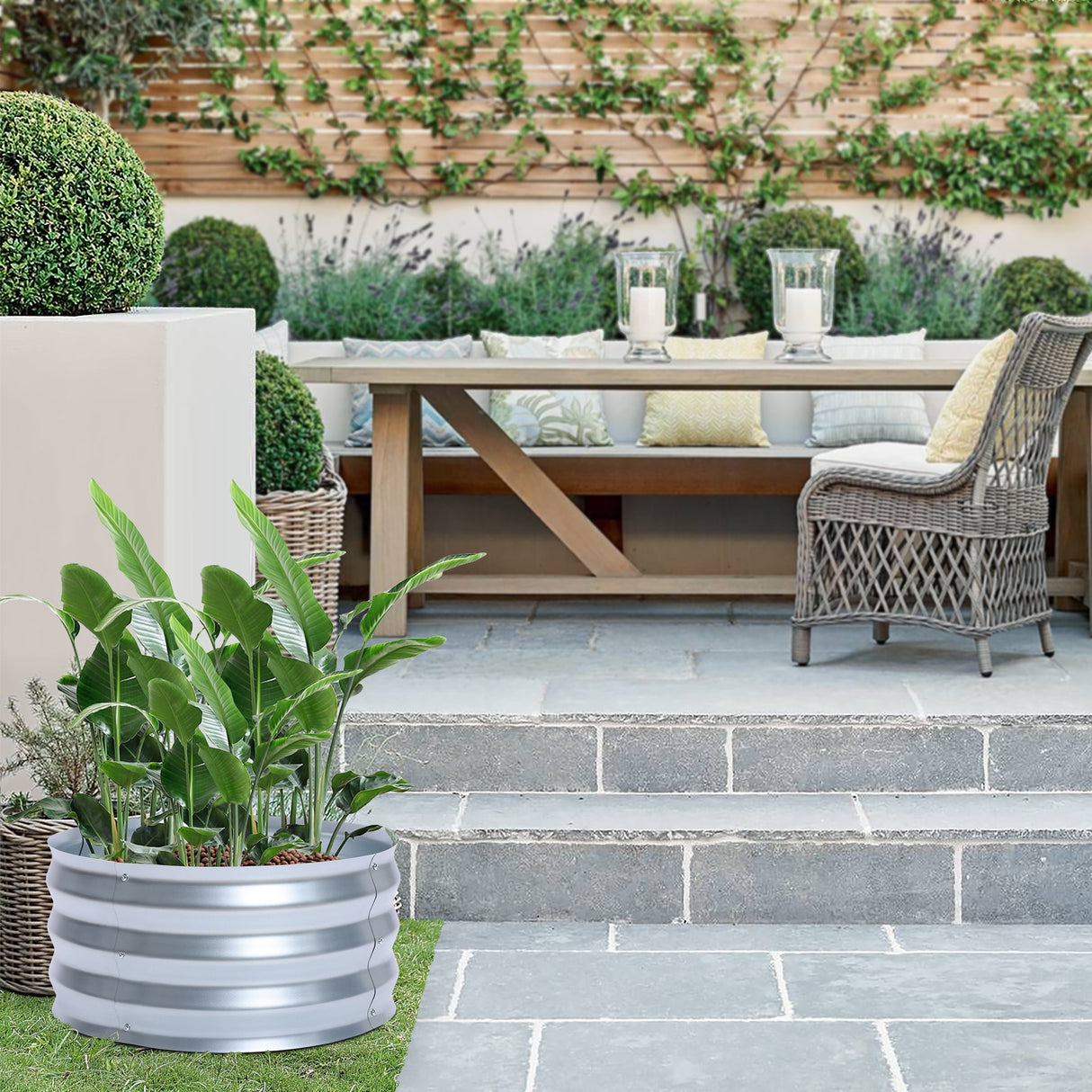 Round Galvanized Steel Raised Garden Bed Planter, Open Bottom