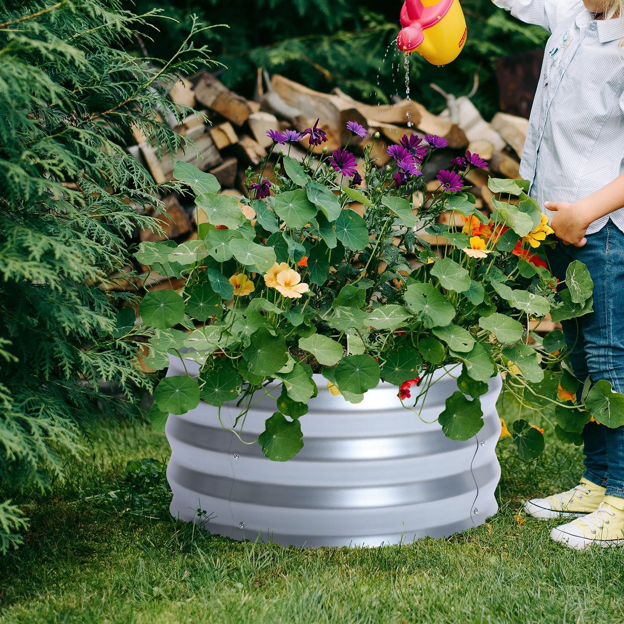 Round Galvanized Steel Raised Garden Bed Planter, Open Bottom