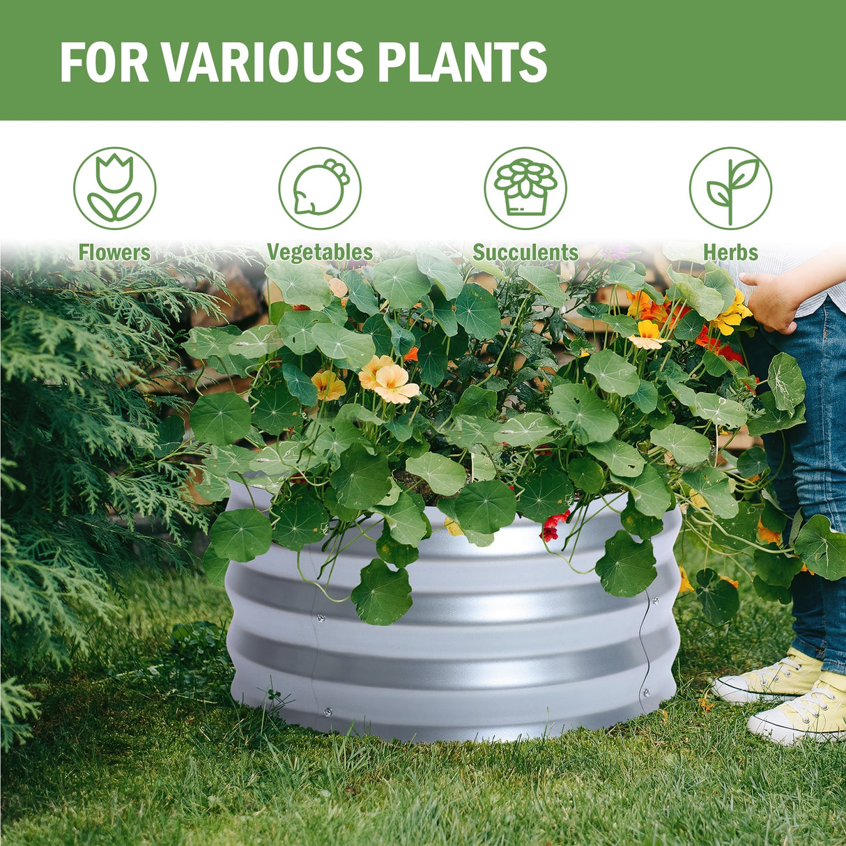 Round Galvanized Steel Raised Garden Bed Planter, Open Bottom