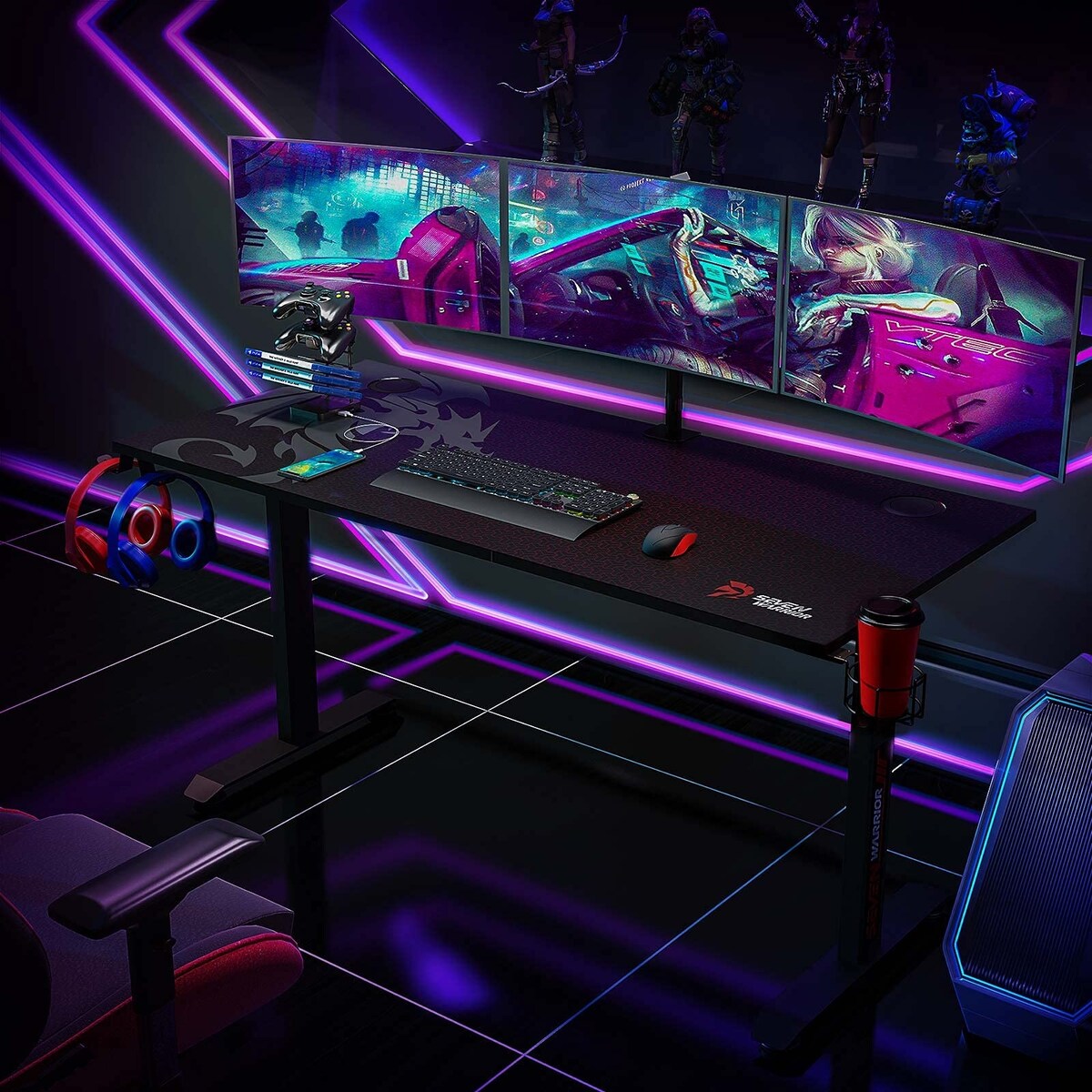 Gaming Desk 55 Inch, T- Shaped Carbon Fiber Surface Computer Desk