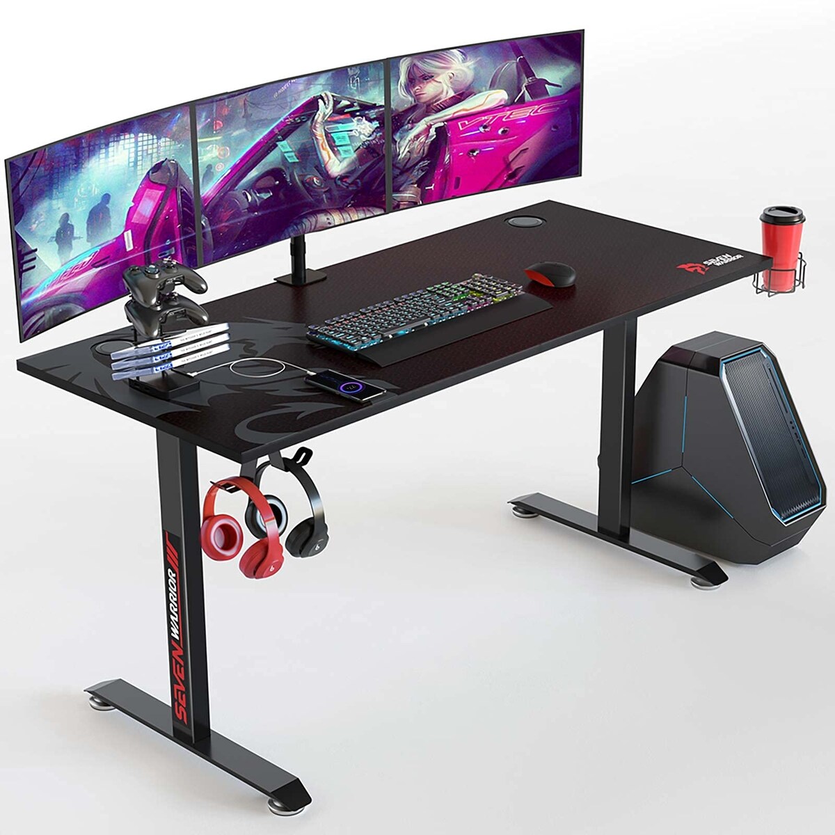 Gaming Desk 55 Inch, T- Shaped Carbon Fiber Surface Computer Desk