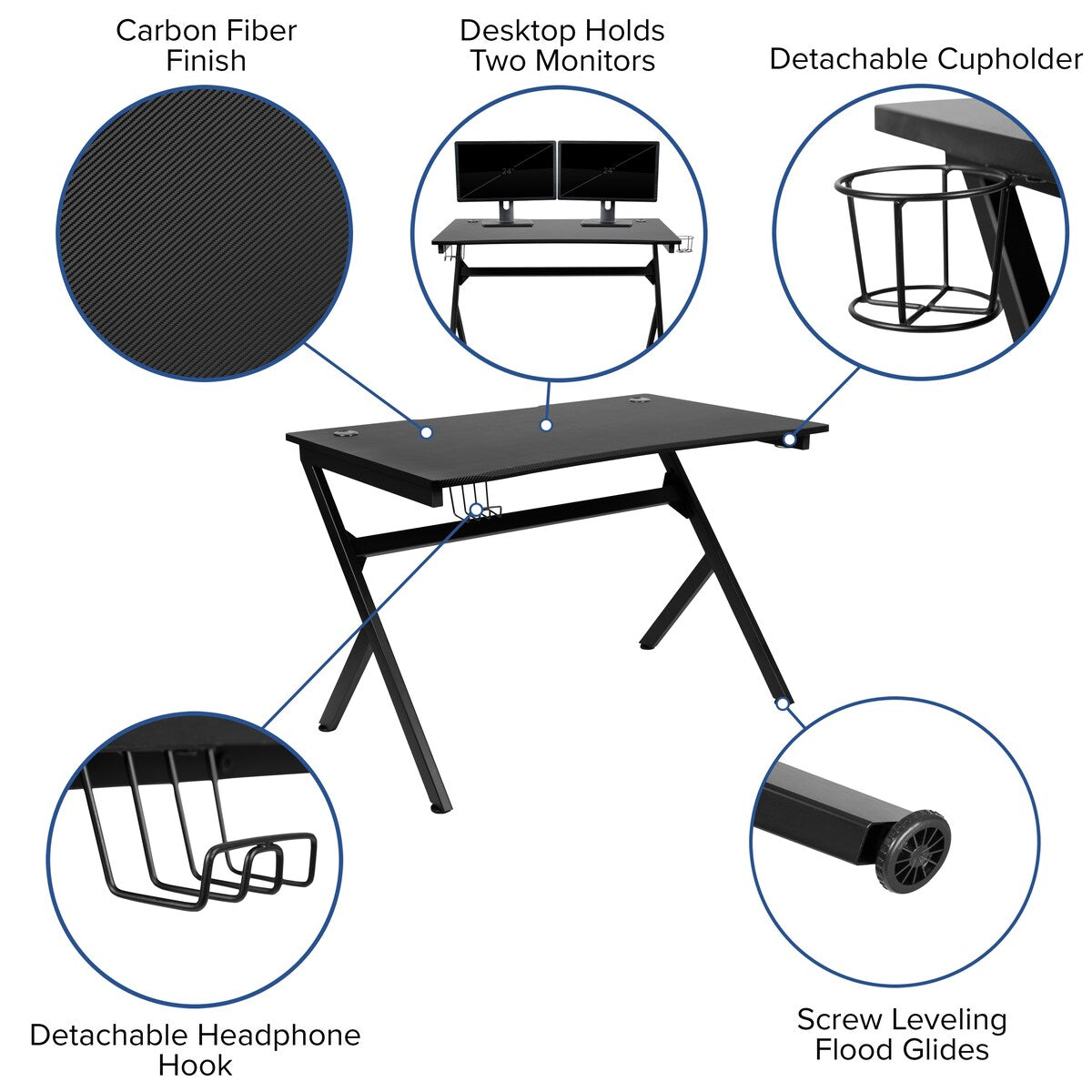 Gaming Desk Bundle - Cup/Headphone Holders, Wire Management