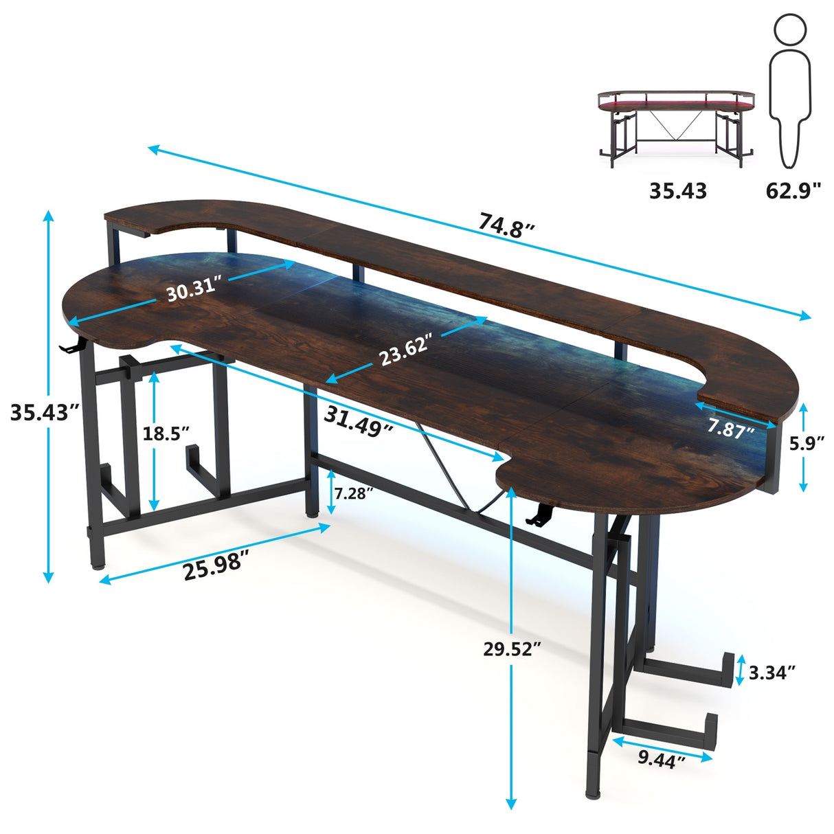 Gaming Desk with Monitor Shelf, 75 inch PC Computer Desk with LED Strip