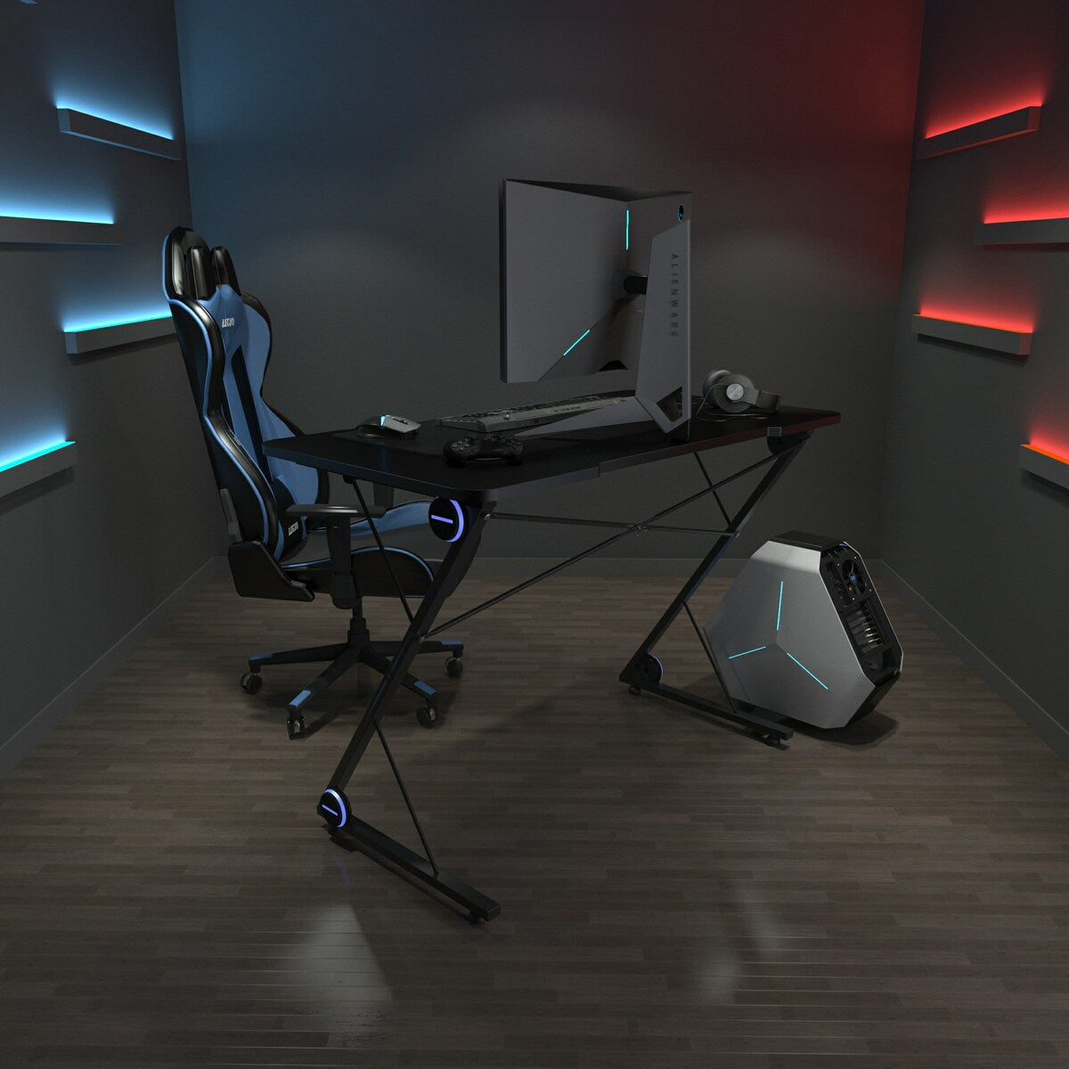 Gaming Desk, Z-Shaped Professional E-Sport Gamer Workstation with LED Lights & Large Carbon Fiber Surface, Ergonomic PC Gaming
