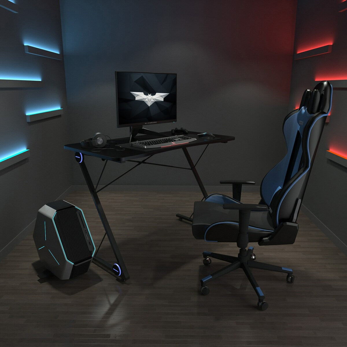 Gaming Desk, Z-Shaped Professional E-Sport Gamer Workstation with LED Lights & Large Carbon Fiber Surface, Ergonomic PC Gaming