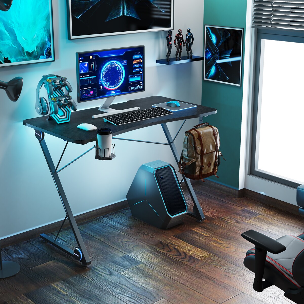 Gaming Desk, Z-Shaped Professional E-Sport Gamer Workstation with LED Lights & Large Carbon Fiber Surface, Ergonomic PC Gaming