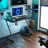 Gaming Desk, Z-Shaped Professional E-Sport Gamer Workstation with LED Lights & Large Carbon Fiber Surface, Ergonomic PC Gaming