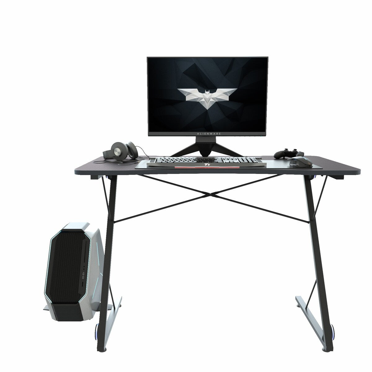 Gaming Desk, Z-Shaped Professional E-Sport Gamer Workstation with LED Lights & Large Carbon Fiber Surface, Ergonomic PC Gaming