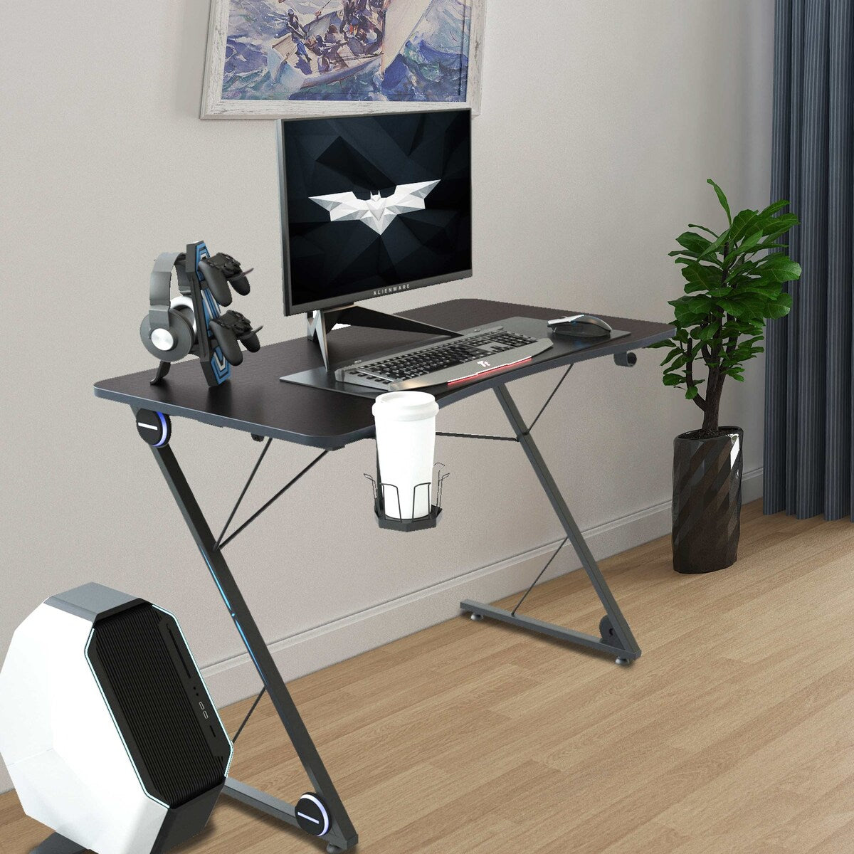 Gaming Desk, Z-Shaped Professional E-Sport Gamer Workstation with LED Lights & Large Carbon Fiber Surface, Ergonomic PC Gaming