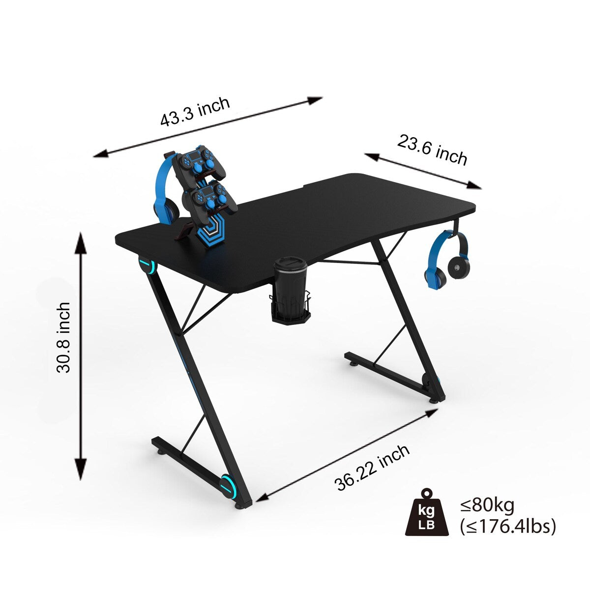 Gaming Desk, Z-Shaped Professional E-Sport Gamer Workstation with LED Lights & Large Carbon Fiber Surface, Ergonomic PC Gaming