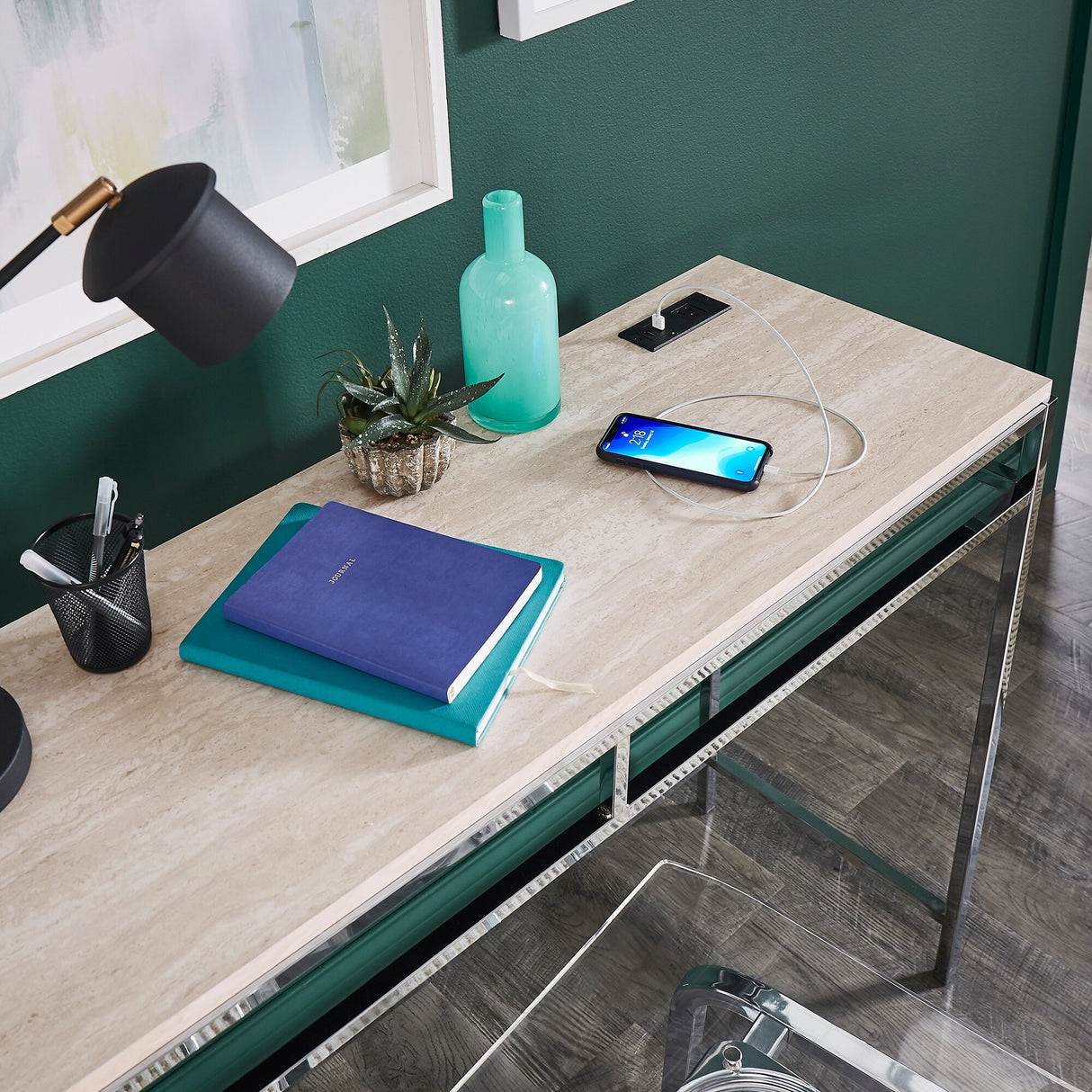 Garble Chrome Counter Height Desk with Faux Marble Top and USB Charging Port by iNSPIRE Q Modern