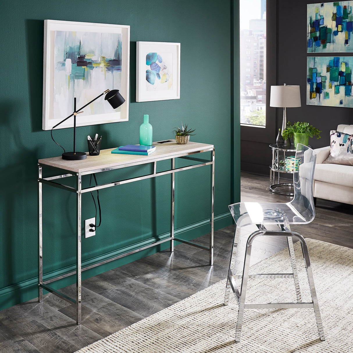 Garble Chrome Counter Height Desk with Faux Marble Top and USB Charging Port by iNSPIRE Q Modern