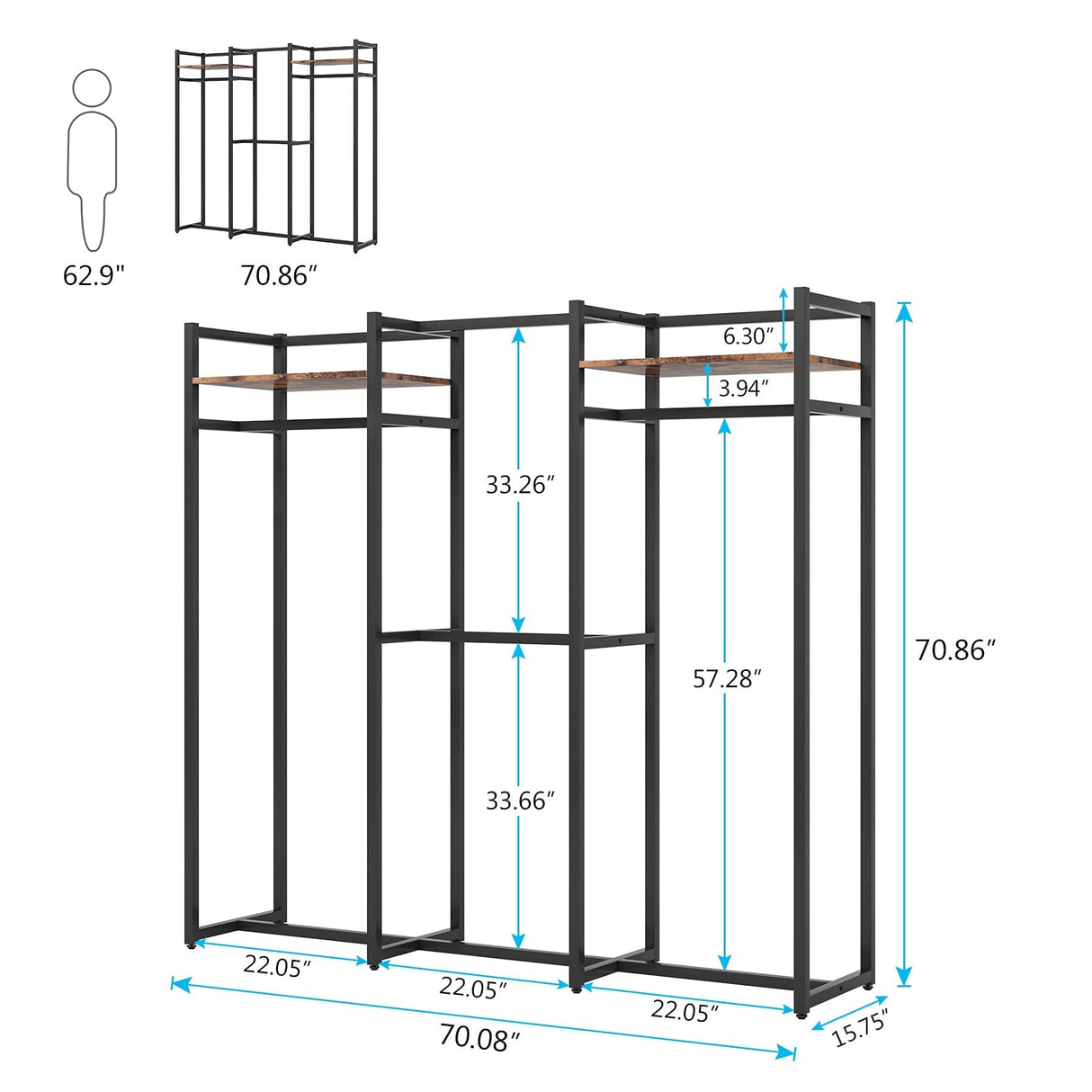 Garment Rack Heavy Duty Clothes Rack Free Standing Closet Organizer with Shelves and 4 hanging Rods - 18" wide
