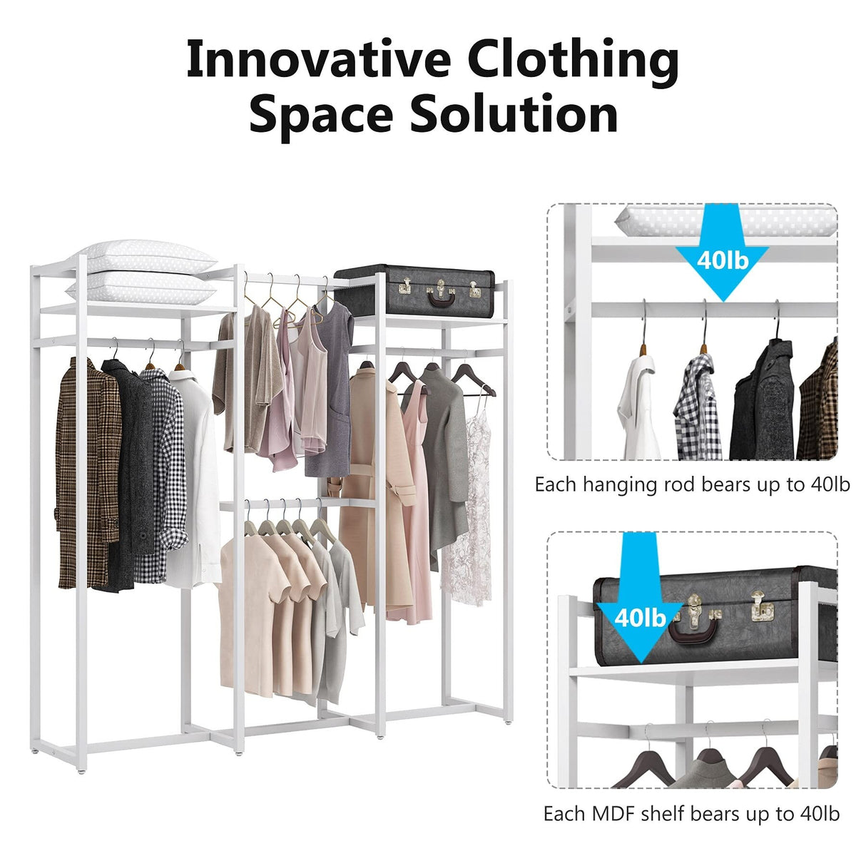Garment Rack Heavy Duty Clothes Rack Free Standing Closet Organizer with Shelves and 4 hanging Rods - 18" wide