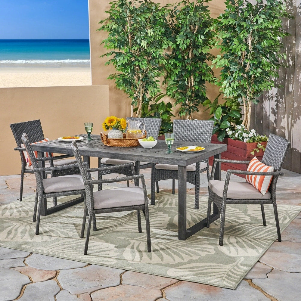 Garner Outdoor 6-Seater Acacia Wood Dining Set with Wicker Chairs by Christopher Knight Home