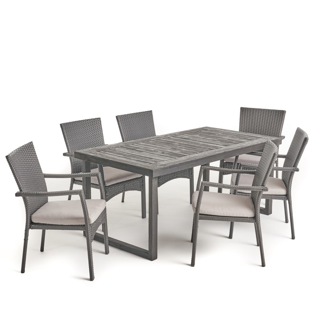 Garner Outdoor 6-Seater Acacia Wood Dining Set with Wicker Chairs by Christopher Knight Home