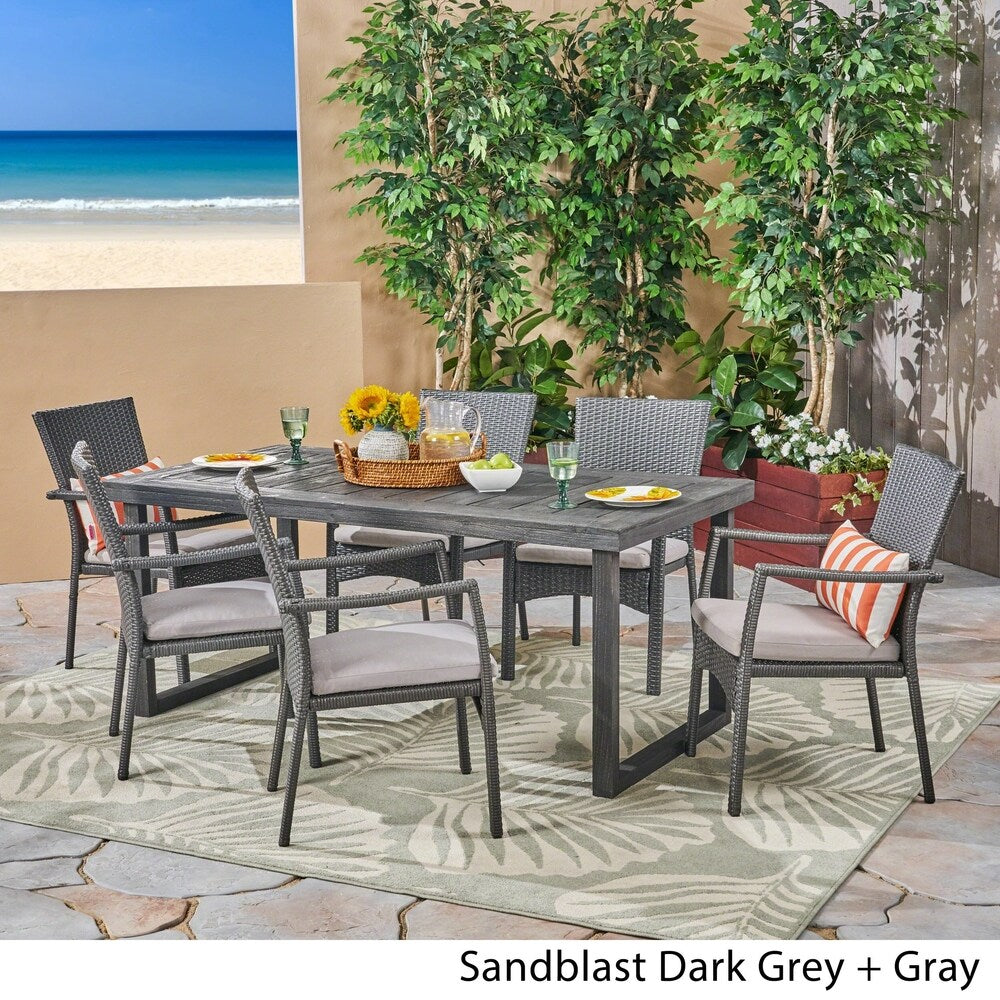 Garner Outdoor 6-Seater Acacia Wood Dining Set with Wicker Chairs by Christopher Knight Home