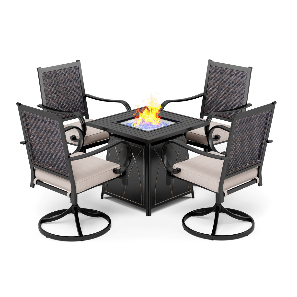 MAISON ARTS Gas Fire Pit Table Outdoor Dining Set 5-Piece Rattan Swivel Chairs With Cushion& Wood-look Square Gas Fire Pit Table