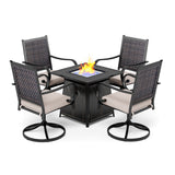MAISON ARTS Gas Fire Pit Table Outdoor Dining Set 5-Piece Rattan Swivel Chairs With Cushion& Wood-look Square Gas Fire Pit Table