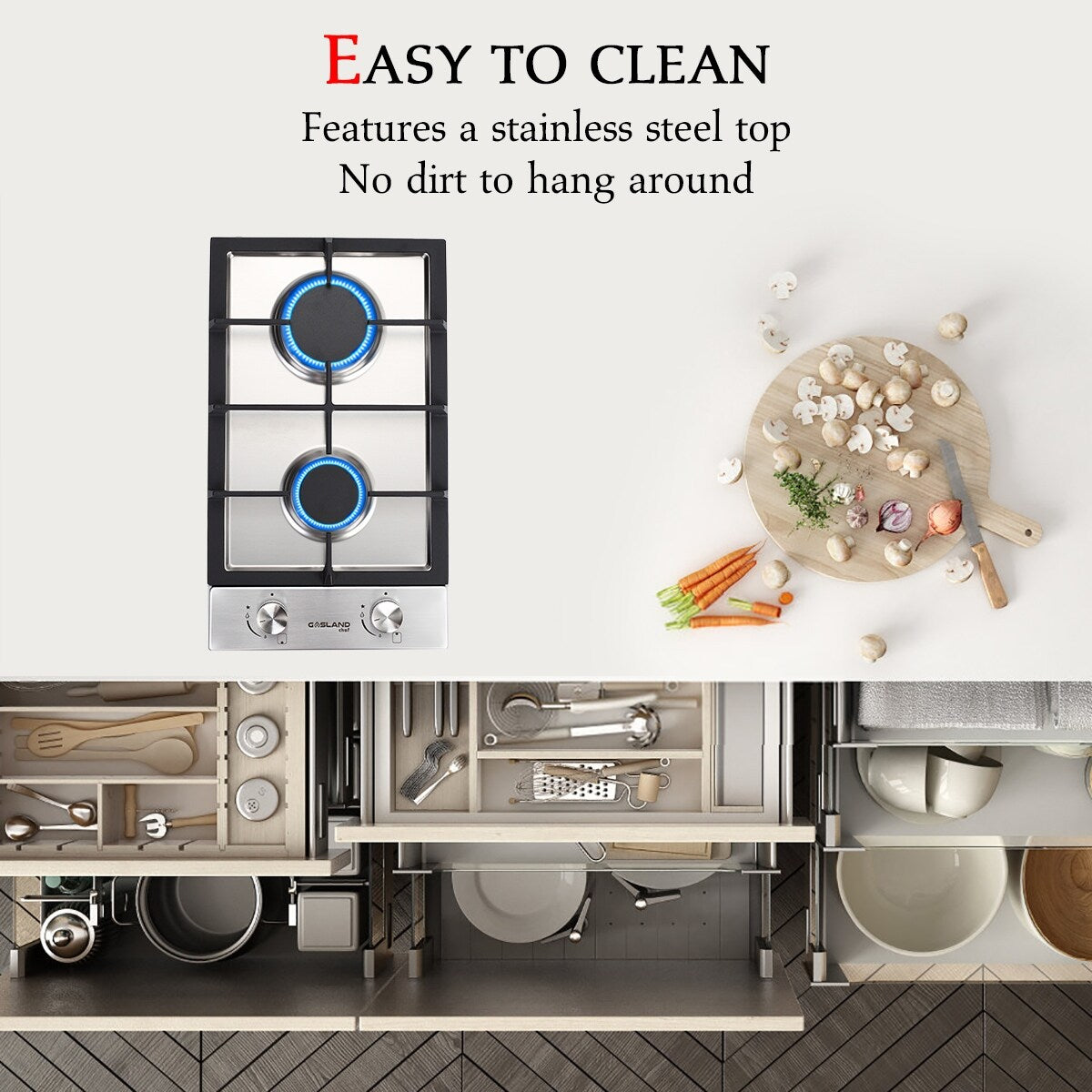 GASLAND 12" Built-in Gas Stove Top Stainless Steel 2 Sealed Burners LPG Natural Gas Cooktop, ETL