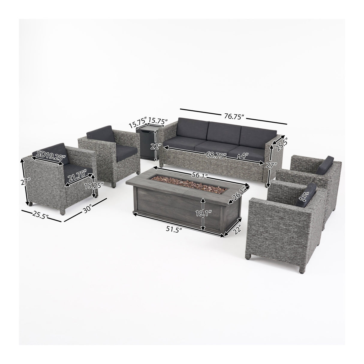 Gastman Outdoor 7 Seater Wicker Chat Set with Fire Pit by Christopher Knight Home