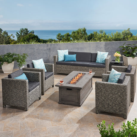 Gastman Outdoor 7 Seater Wicker Chat Set with Fire Pit by Christopher Knight Home