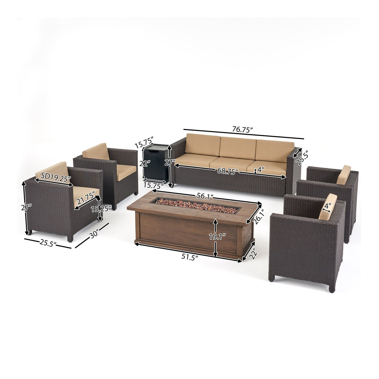 Gastman Outdoor 7 Seater Wicker Chat Set with Fire Pit by Christopher Knight Home