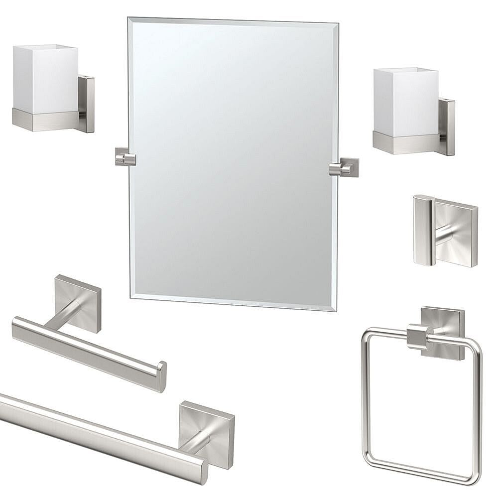 Gatco Elevate 7-Piece Bathroom Accessory Kit with Mirror and Wall Sconces - Satin Nickel