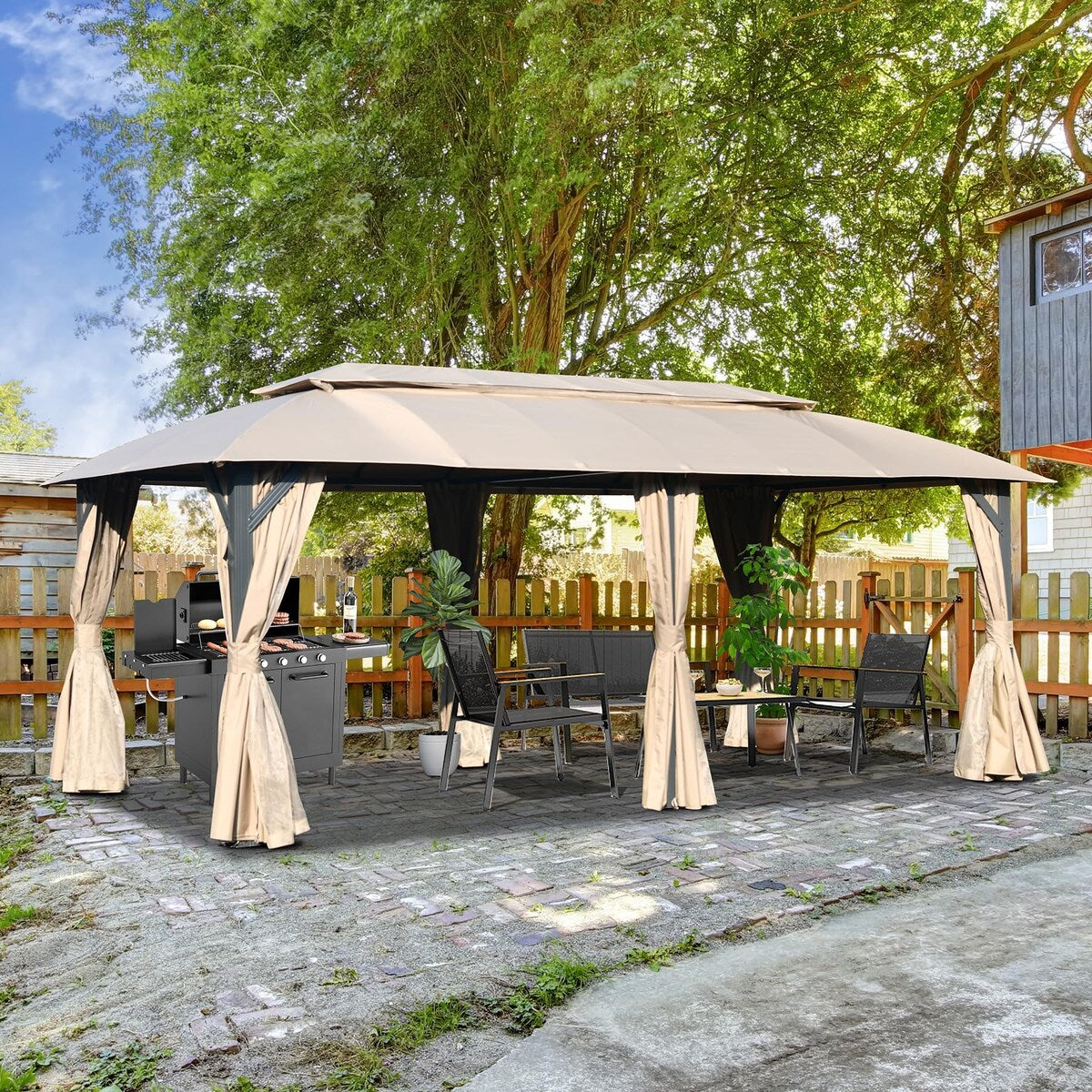 Gazebo 10x20FT, Outdoor Gazebo with Double Roofs, Privacy Curtains, Mosquito Nettings, Heavy Duty Metal Frame Party Tent
