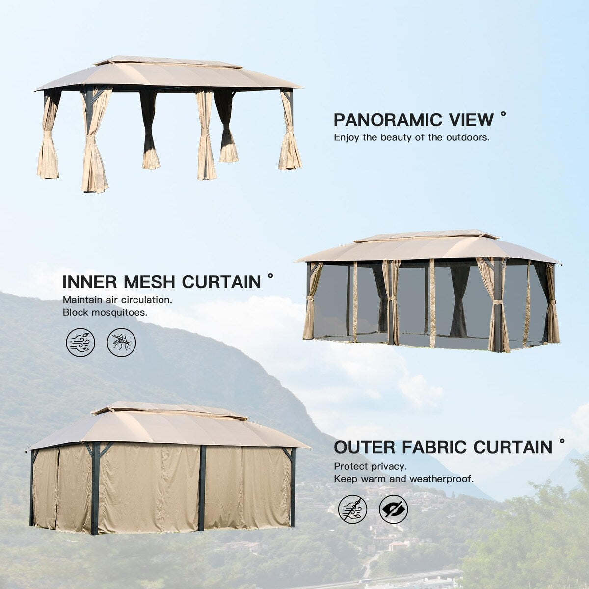 Gazebo 10x20FT, Outdoor Gazebo with Double Roofs, Privacy Curtains, Mosquito Nettings, Heavy Duty Metal Frame Party Tent