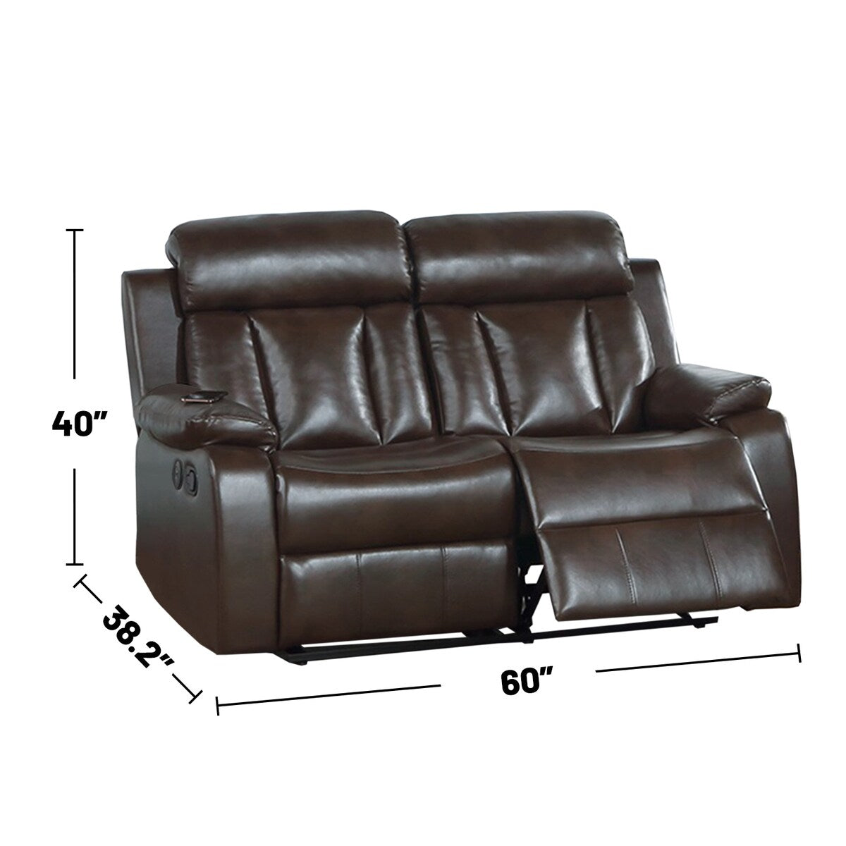 Gel Leatherette Manual Motion Reclining Loveseat with USB Port in Brown
