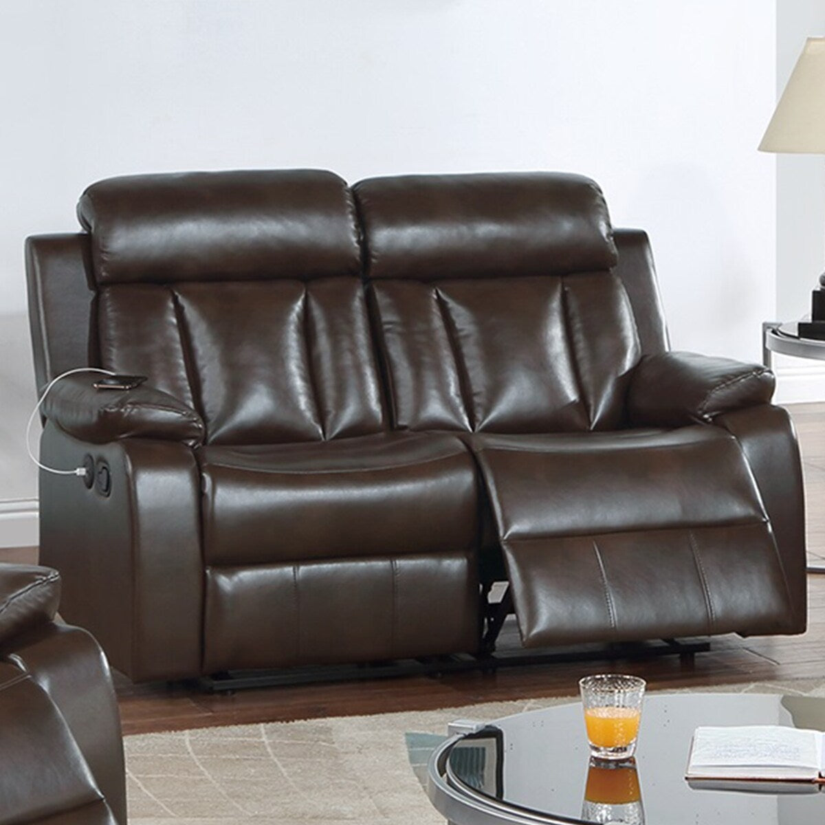 Gel Leatherette Manual Motion Reclining Loveseat with USB Port in Brown