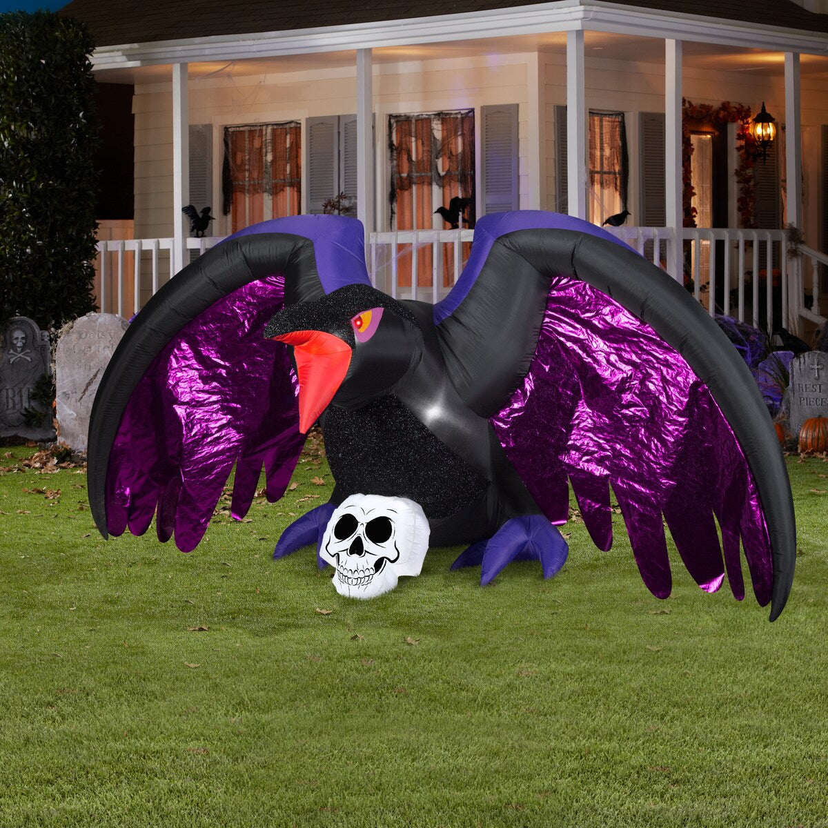 Gemmy Airblown Mixed Media Crow with Skull Scene, 4.5 ft Tall, Black