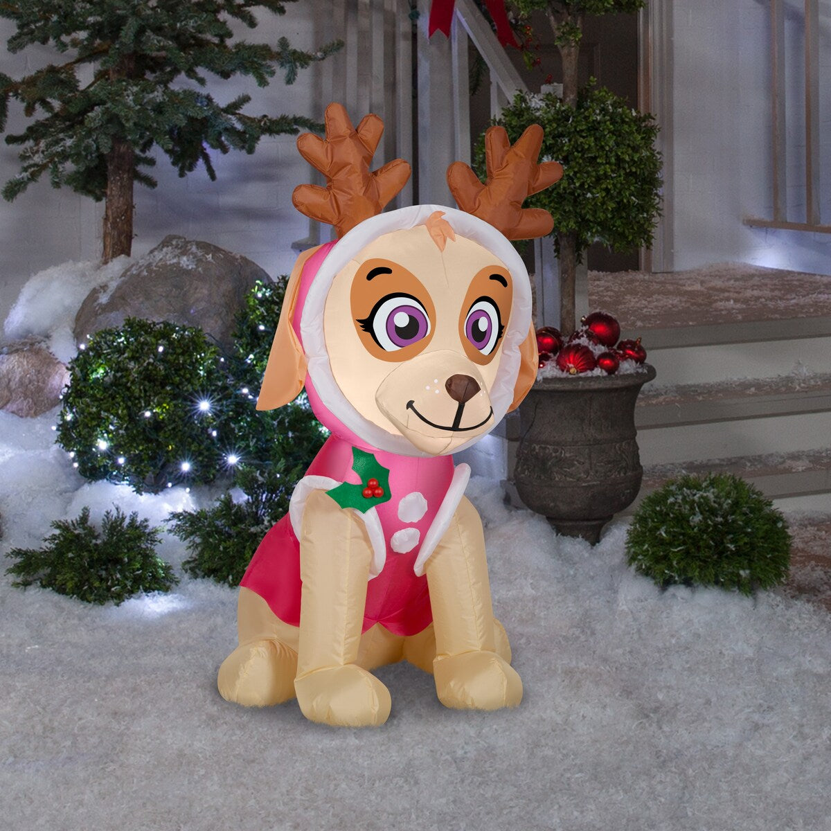 Gemmy Christmas Airblown Inflatable Skye in Pink Snow Outfit w/Antlers Nick, 3.5 ft Tall, pink