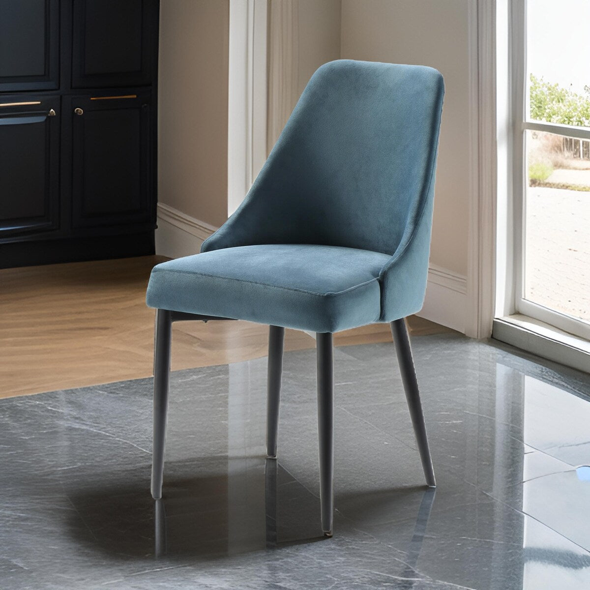 Gene 19 Inch Side Dining Chairs Set of 2, Tall Curved Back, Blue Velvet, Black Metal