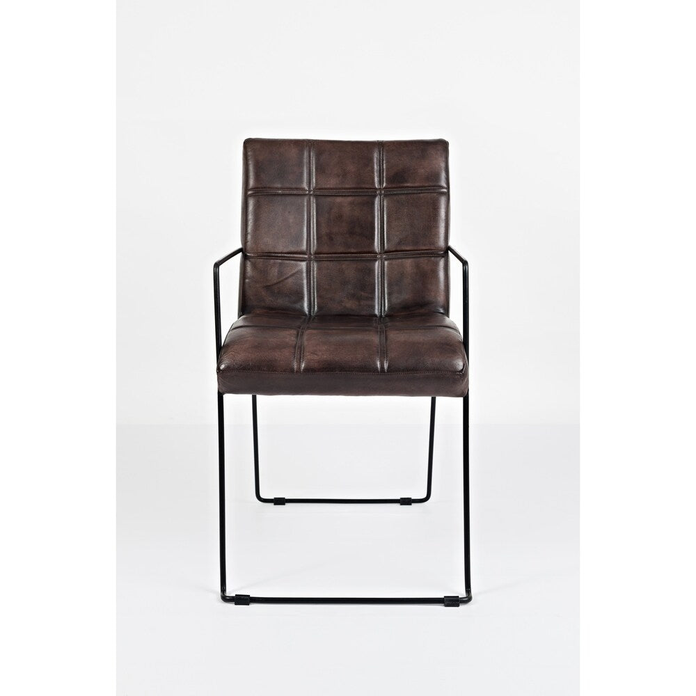 Genuine Leather Upholstered Metal Dinning Chair, Set of Two, Dark Brown and Black