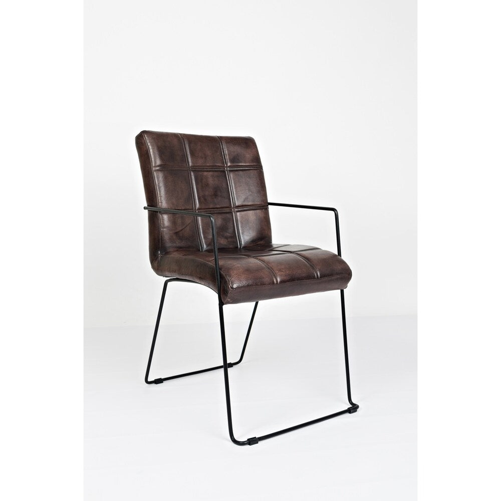 Genuine Leather Upholstered Metal Dinning Chair, Set of Two, Dark Brown and Black