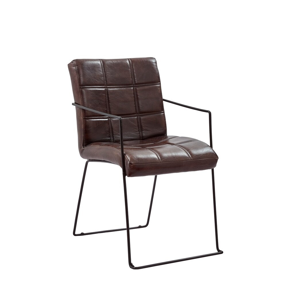 Genuine Leather Upholstered Metal Dinning Chair, Set of Two, Dark Brown and Black
