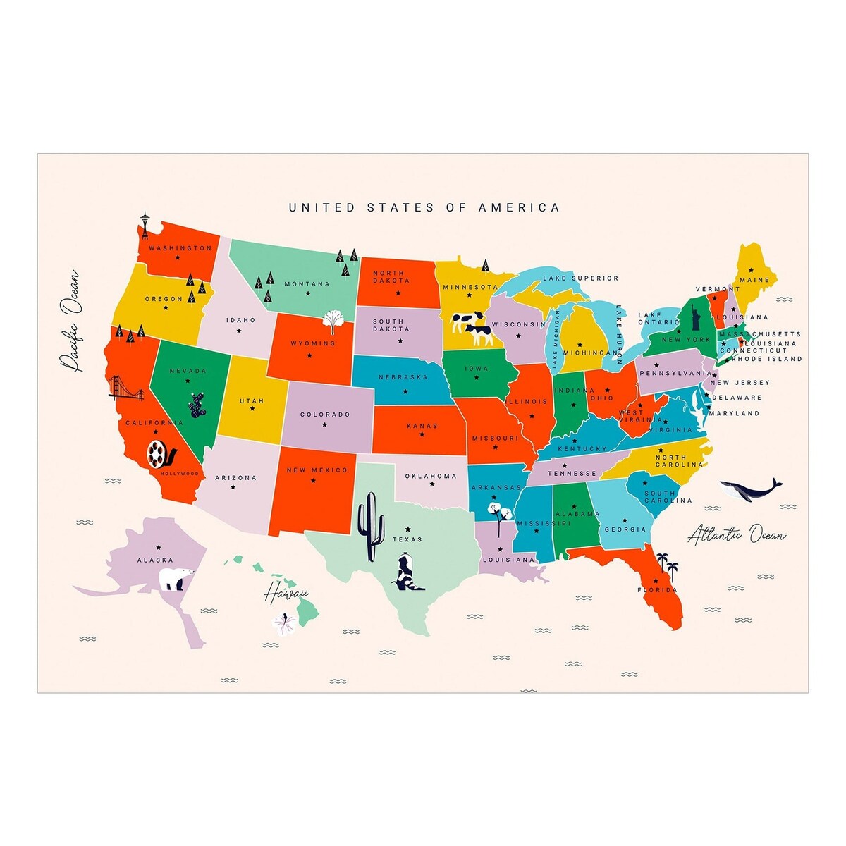 Geographic Non-pasted Wallpaper Wall Mural - US Map With State Names