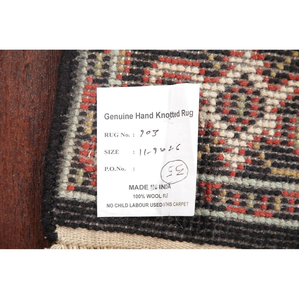 Geometric 12 Ft Indo Heriz Oriental Rug Hand-Knotted Wool Carpet - 11'9" x 2'6" Runner