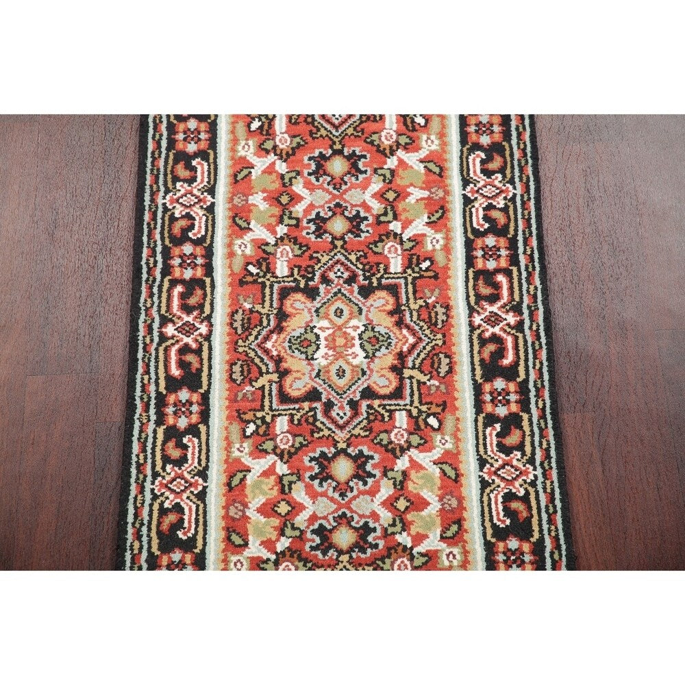Geometric 12 Ft Indo Heriz Oriental Rug Hand-Knotted Wool Carpet - 11'9" x 2'6" Runner