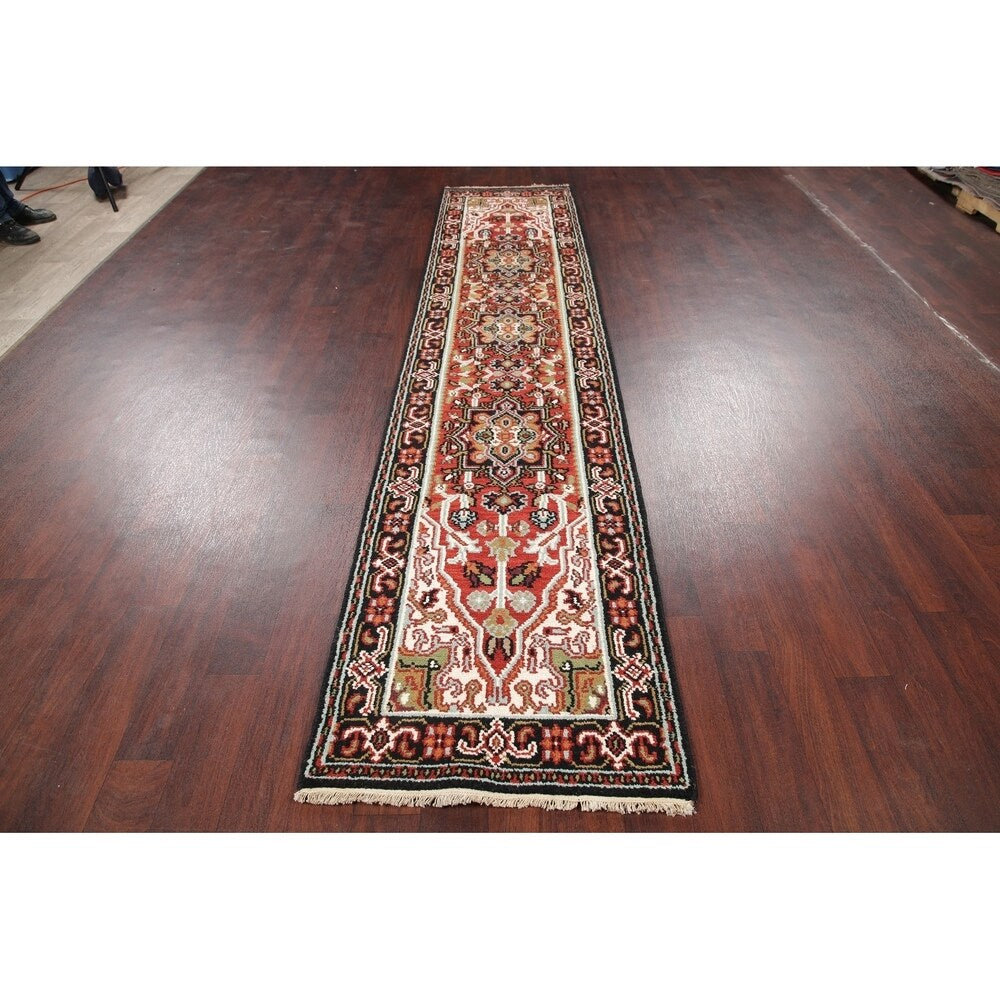 Geometric 12 Ft Indo Heriz Oriental Rug Hand-Knotted Wool Carpet - 11'9" x 2'6" Runner