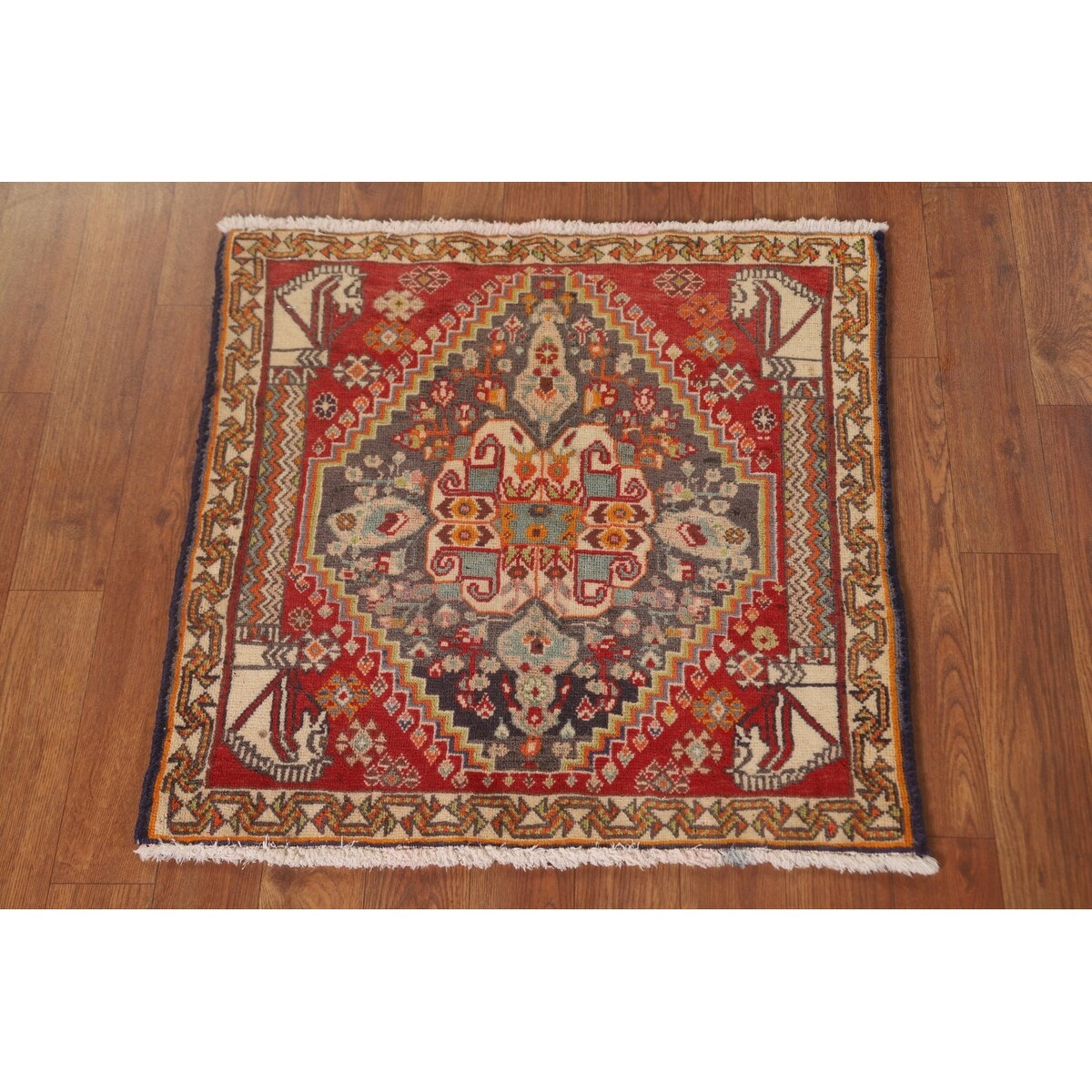 Geometric Abadeh Persian Vintage Square Rug Handmade Wool Carpet - 2'1" x 2'0"