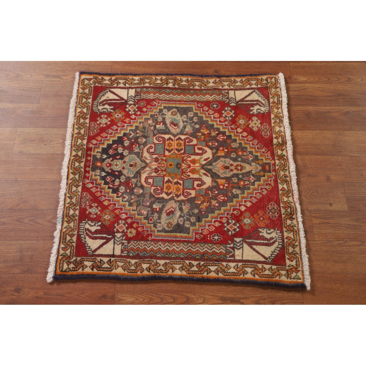 Geometric Abadeh Persian Vintage Square Rug Handmade Wool Carpet - 2'1" x 2'0"