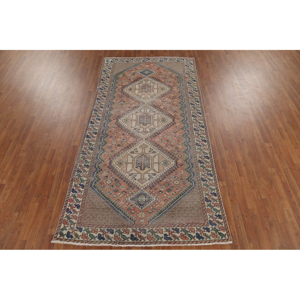 Geometric Bakhtiari Persian Vintage Rug Hand-Knotted Coral Wool Carpet - 4'11"x 9'10"