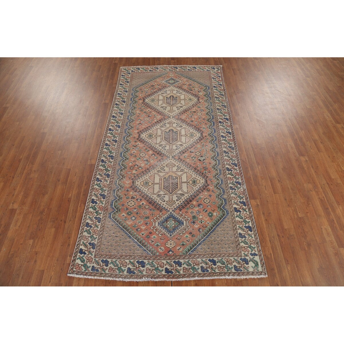 Geometric Bakhtiari Persian Vintage Rug Hand-Knotted Coral Wool Carpet - 4'11"x 9'10"
